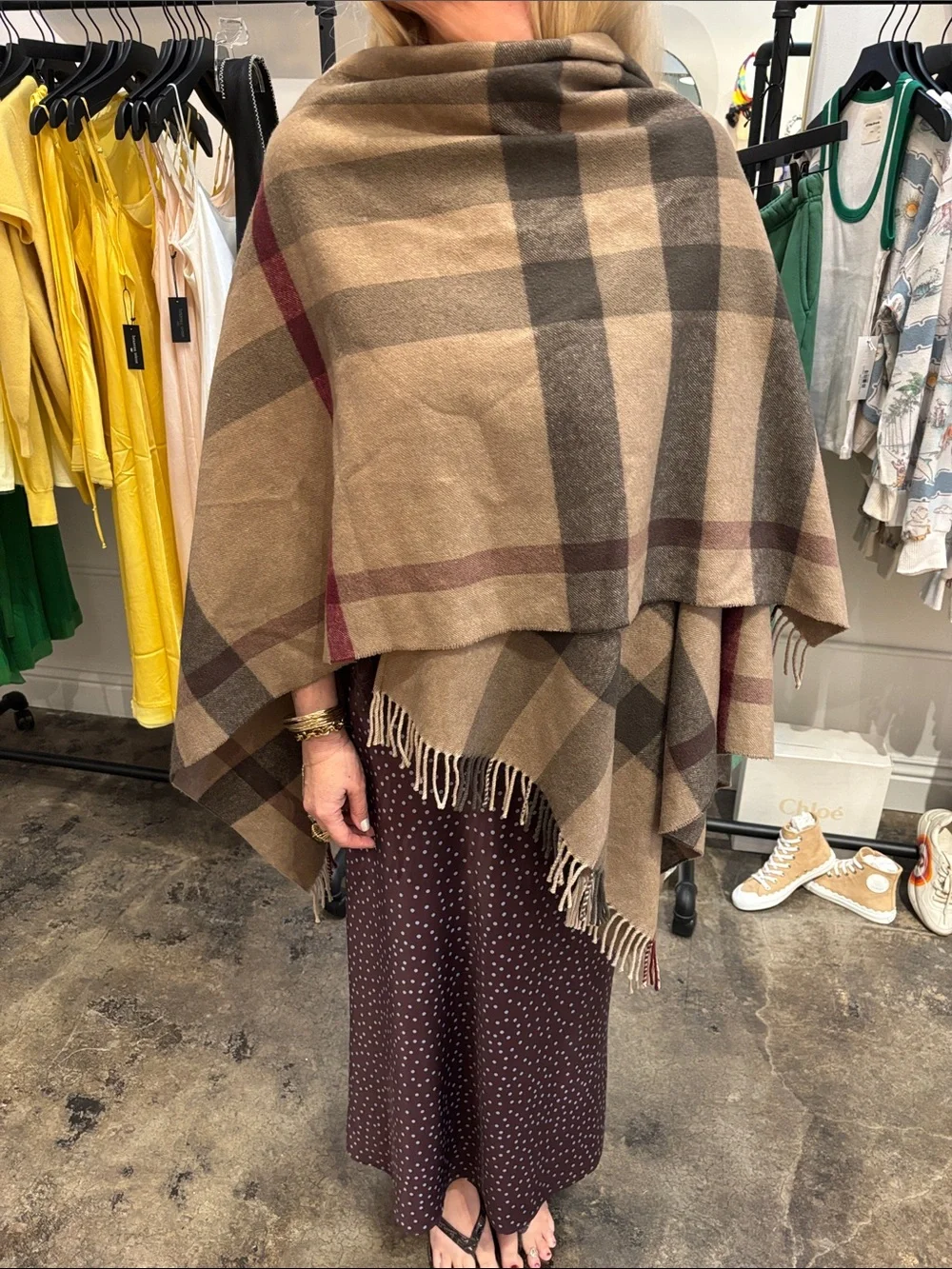 Burberry Camel Plaid Fringe Wrap with Burgundy Stripe